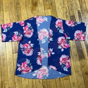 Womens Blue Floral Kimono Swim Suit Cover Duster Open Front Short Sleeve Size L